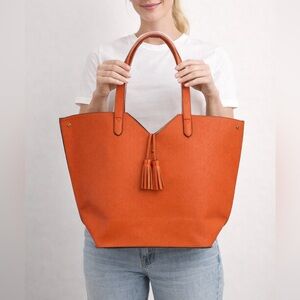 NEW Neiman Marcus Orange Leather Tote Bag with Tassel Accent